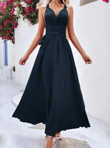 SHEIN LUNE Solid Backless Cami Dress - Navy Blue - View 3