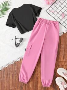 Girls Letter Graphic Tee & Flap Pocket Cargo Pants - Multicolor - View 2
