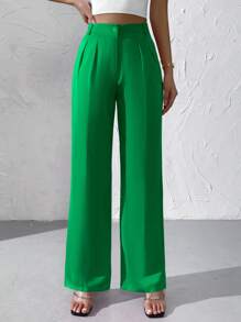 Chiquease High Waist Plicated Detail Wide Leg Trousers - Green - View 1