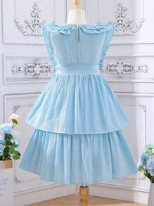 Girls Ruffle Trim Two Layer Hem Dress - Blue - View 2