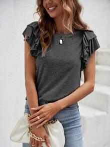 SHEIN Clasi Áo thun nữ Xù phân lớp màu trơn Giải trí - Màu xám đen - Xem 3