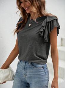 SHEIN Clasi Áo thun nữ Xù phân lớp màu trơn Giải trí - Màu xám đen - Xem 5