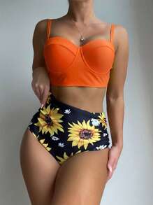 Sunflower Print Push Up Bikini Set - Orange - View 4
