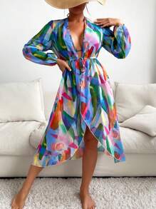 Allover Print Drawstring Waist Lantern Sleeve Kimono - Blue - View 1