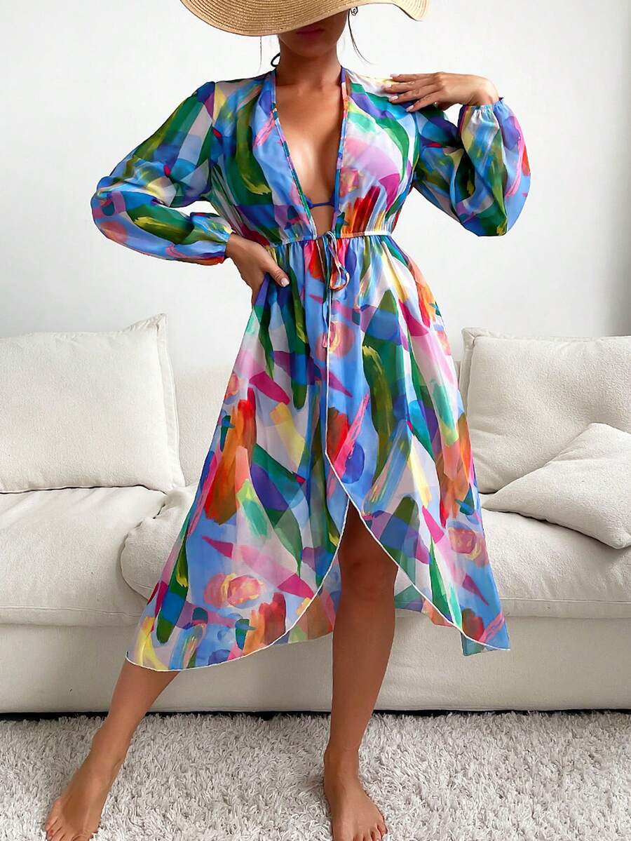 Allover Print Drawstring Waist Lantern Sleeve Kimono - Blue - View 1