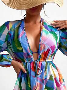 Allover Print Drawstring Waist Lantern Sleeve Kimono - Blue - View 3