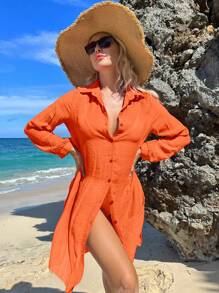 Solid Button Front Kimono - Orange - View 1