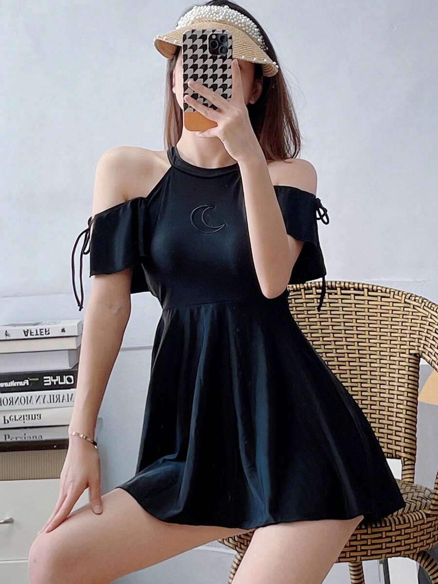 Tankini de un solo color con tiras laterales para playa de verano - Negro - Ver 1