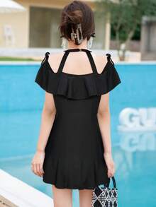 Tankini de un solo color con tiras laterales para playa de verano - Negro - Ver 2