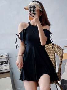 Tankini de un solo color con tiras laterales para playa de verano - Negro - Ver 3