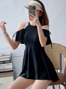 Tankini de un solo color con tiras laterales para playa de verano - Negro - Ver 4