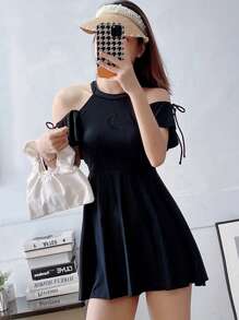 Tankini de un solo color con tiras laterales para playa de verano - Negro - Ver 6