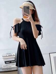 Tankini de un solo color con tiras laterales para playa de verano - Negro - Ver 7