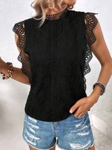 Chiquease 拼接水溶蕾絲貝殼邊小高領後鎖孔襯衫