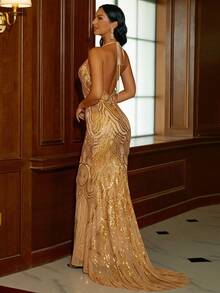 Missord 深V領露背魚尾裙下擺亮片正式連衣裙