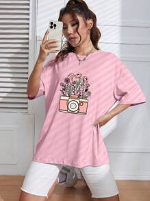 SHEIN Qutie 花卉圖案落肩T恤 - 粉色 - 查看 4