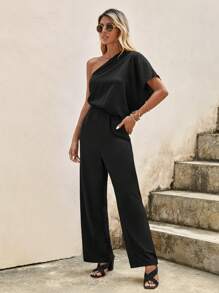 SHEIN Clasi Mono de un hombro ribete con fruncido - Negro - Ver 4