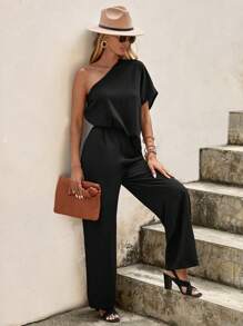 SHEIN Clasi Mono de un hombro ribete con fruncido - Negro - Ver 5