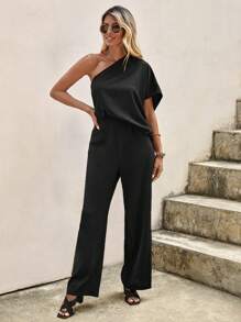 SHEIN Clasi Mono de un hombro ribete con fruncido - Negro - Ver 6