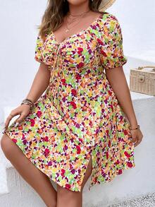 SHEIN Holidaya 大碼滿版印花前打結泡泡袖連衣裙 - 彩色 - 查看 6