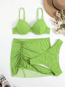 素色聚攏比基尼泳裝 - 綠色 - 查看 3