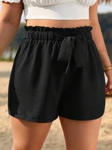 SHEIN Frenchy Plus Paperbag Waist Tie Front Shorts - Black - View 5