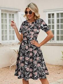 Floral Print Notched Neck Slant Pocket Dress - Black - View 3