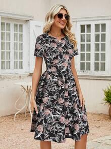 Floral Print Notched Neck Slant Pocket Dress - Black - View 4