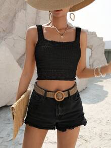 SHEIN VCAY 素色針織吊帶短上衣 - 黑色 - 查看 5