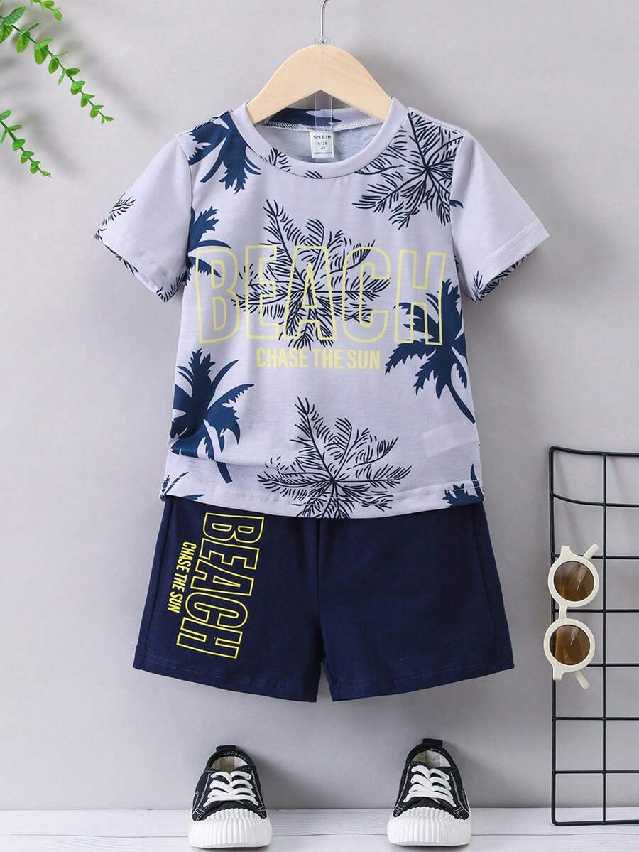 SHEIN Bộ thời trang bé trai Lá thư Nhiệt đới Boho - Nhiều màu - Xem 1