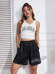 SHEIN EZwear Letter Graphic Crop Tank Top & Shorts - White - View 4