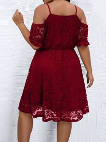 SHEIN Clasi Plus Cold Shoulder Overlay Lace Dress - Burgundy - View 2