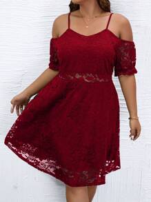 SHEIN Clasi Plus Cold Shoulder Overlay Lace Dress - Burgundy - View 3