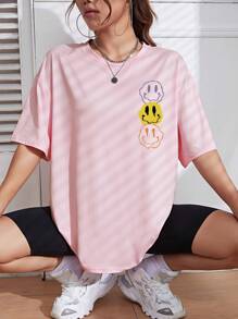 SHEIN EZwear Cartoon Graphic Drop Shoulder Tee - Pink - View 1