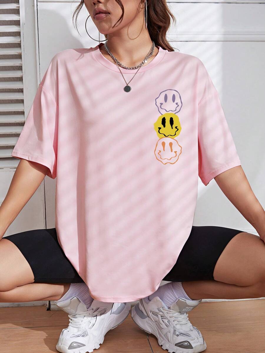 SHEIN EZwear Cartoon Graphic Drop Shoulder Tee - Pink - View 1