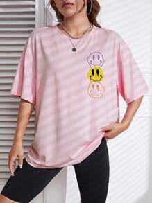 SHEIN EZwear Cartoon Graphic Drop Shoulder Tee - Pink - View 3