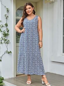 SHEIN LUNE Plus Ditsy Floral Print Smock Dress For Summer - Blue - View 3