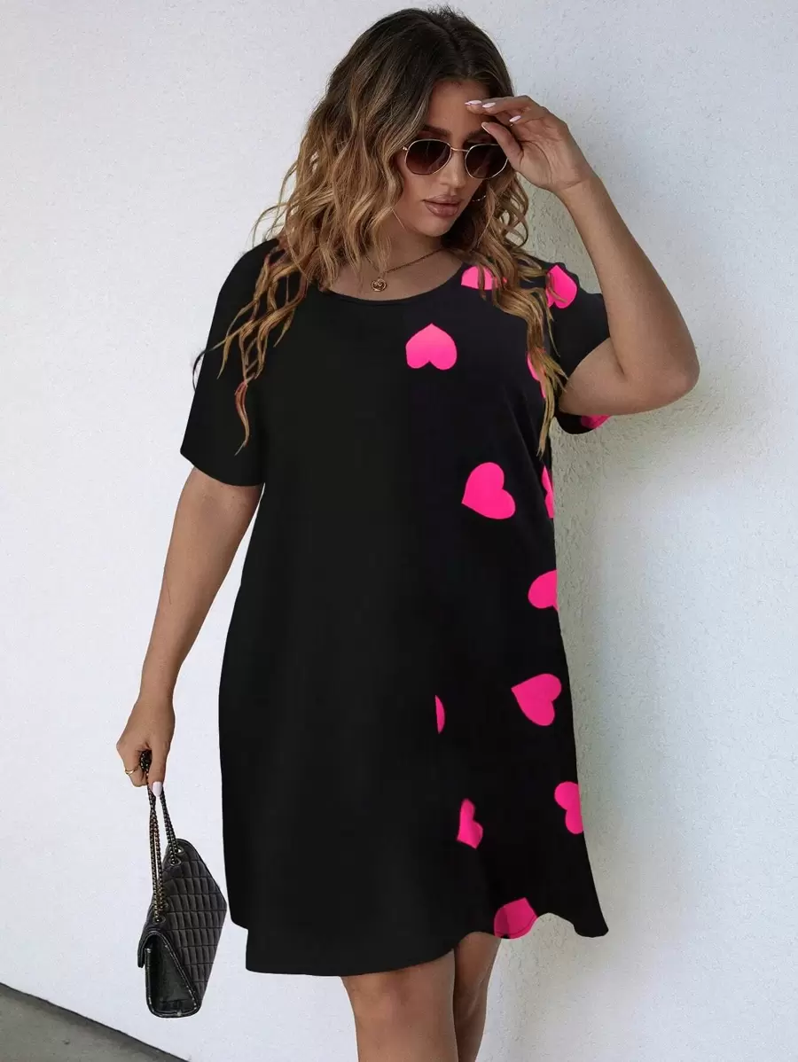 EMERY ROSE 大碼愛心圖案直筒連衣裙 - 黑色 - 查看 1