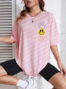 SHEIN EZwear Cartoon Graphic Drop Shoulder Tee - Pink - View 6