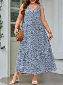 SHEIN LUNE Plus Ditsy Floral Print Smock Dress For Summer - Blue - View 5