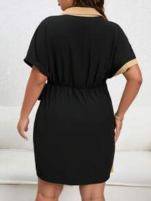 SHEIN Clasi Plus Two Tone Patched Pocket Knot Side Wrap Hem Shirt Dress - Multicolor - View 2