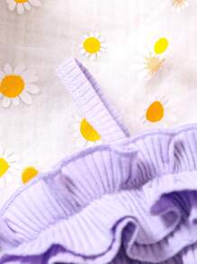 Baby Floral Print Asymmetrical Neck Ruffle Trim Belted Dress - Violet Purple - View 4