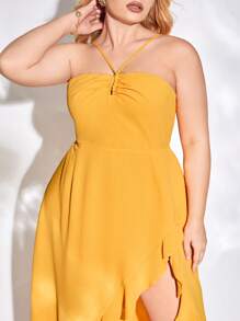 evoluSHEIN X Anitta Đầm Plus Size Bất đối xứng Lộ Lưng Xù Viên lá sen Buộc lại màu trơn Gợi cảm - Màu vàng - Xem 5