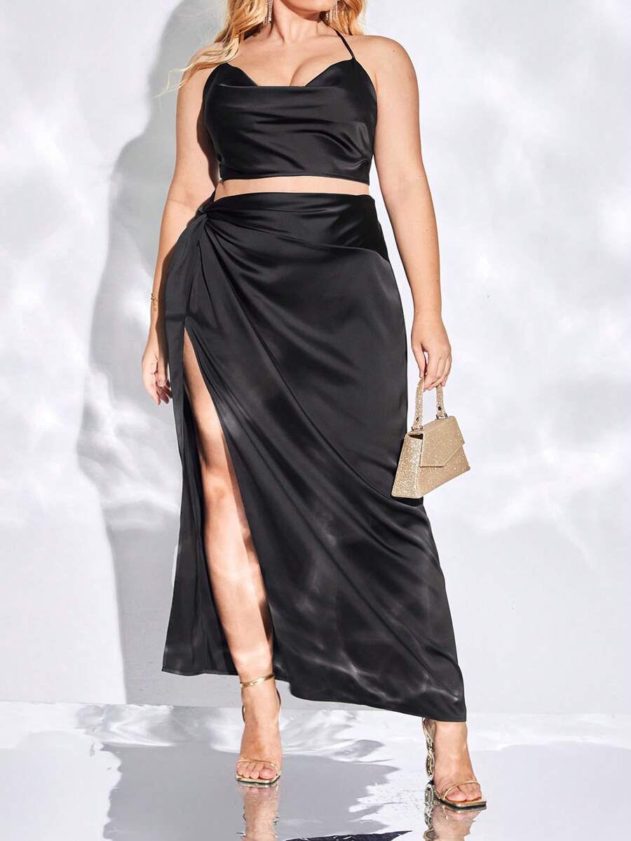 evoluSHEIN X Anitta 大碼垂領短款素色吊帶上衣和高衩半身裙 - 黑色 - 查看 1