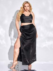 evoluSHEIN X Anitta 大碼垂領短款素色吊帶上衣和高衩半身裙 - 黑色 - 查看 6