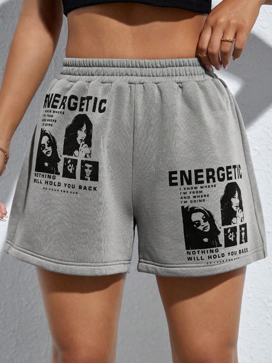 SHEIN PETITE Figure & Slogan Graphic Track Shorts - Grey - View 1
