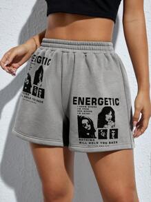 SHEIN PETITE Figure & Slogan Graphic Track Shorts - Grey - View 3