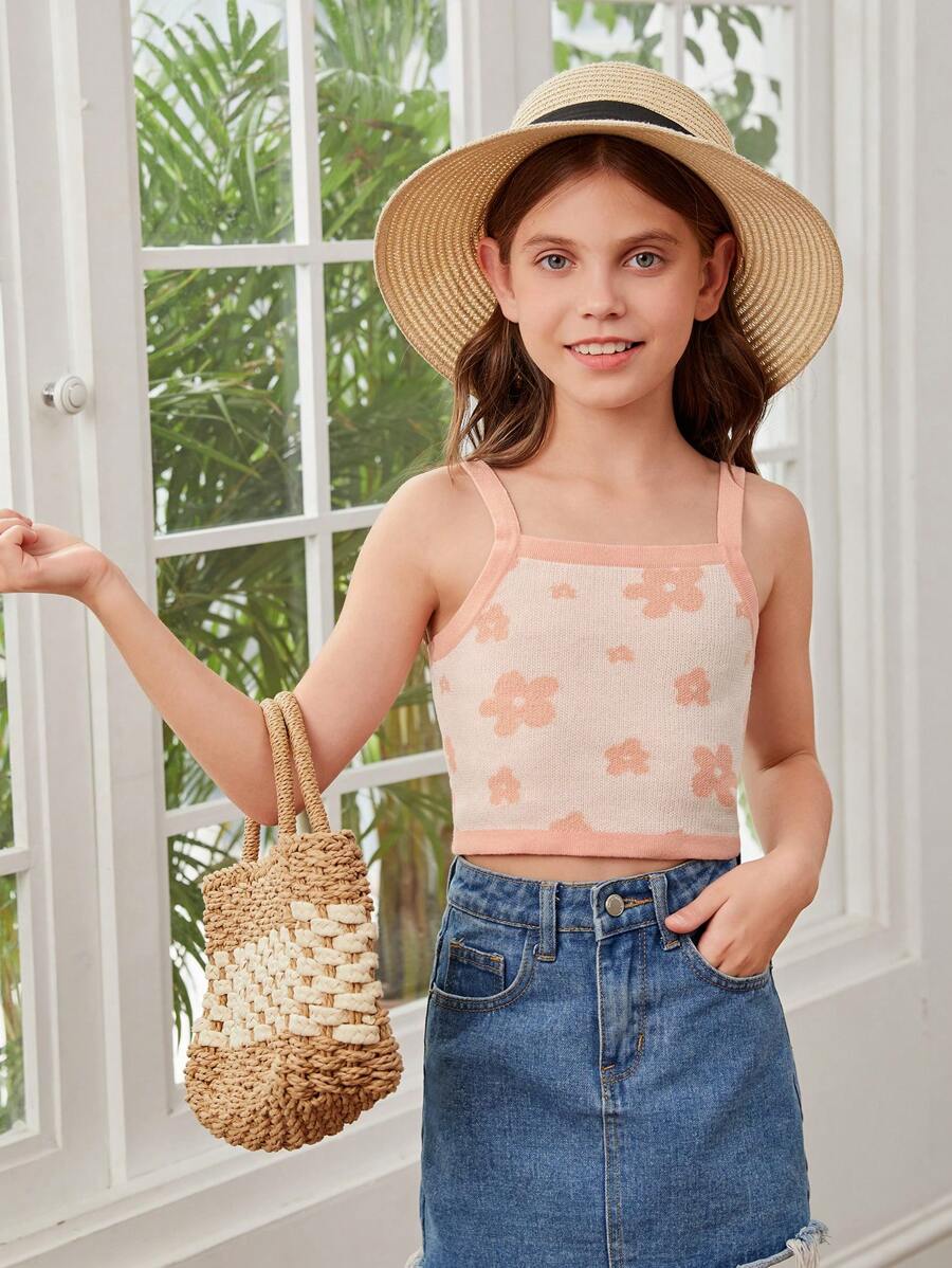 Chicas Top tejido de tirantes con patrón floral - Rosa - Ver 1