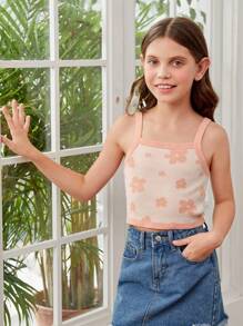 Chicas Top tejido de tirantes con patrón floral - Rosa - Ver 3