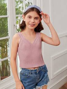 SHEIN Chicas Top unicolor tejido de canalé - Rosa vieja - Ver 1